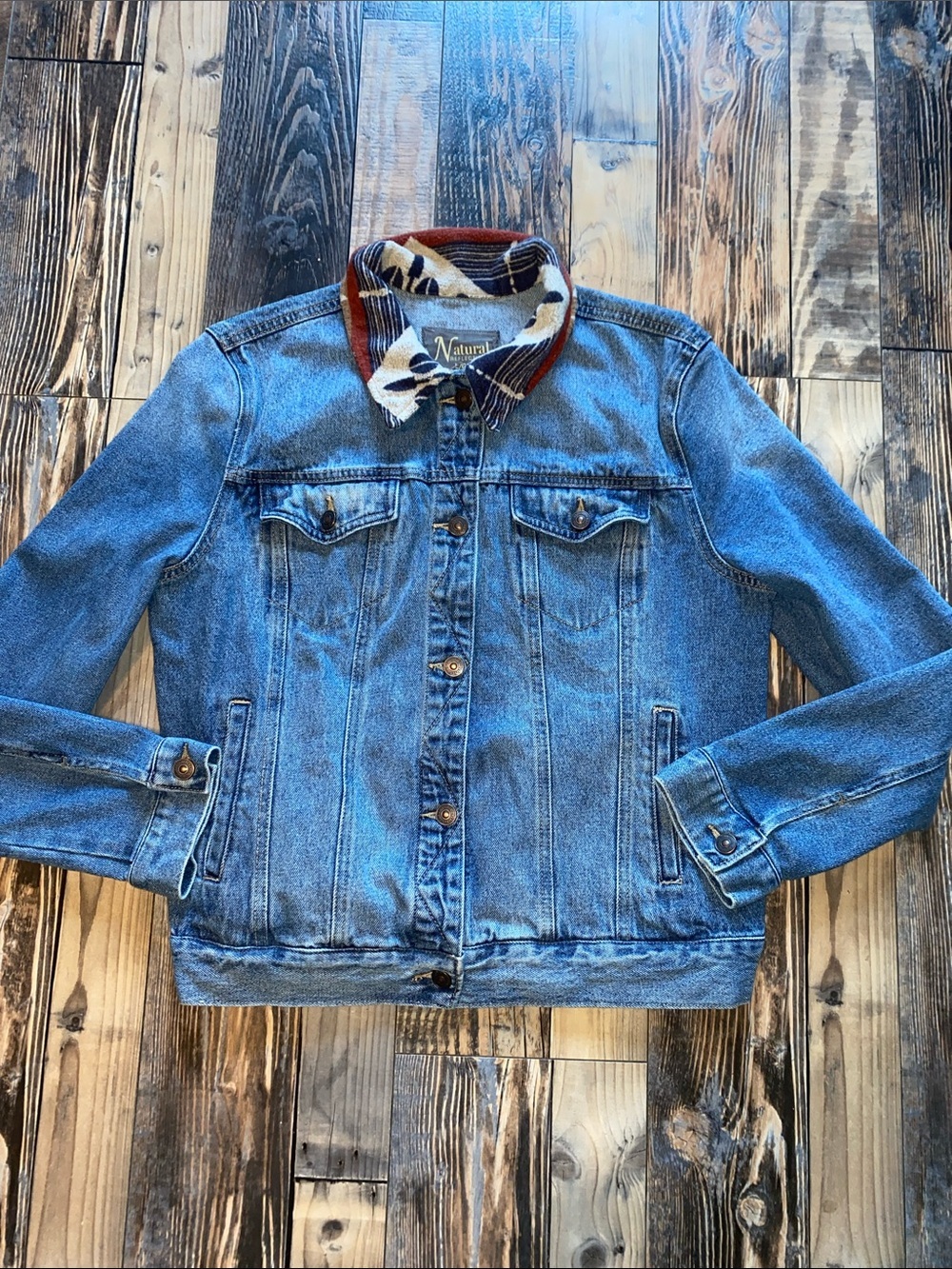 Natural Reflections Blue Denim Jacket with Cream and Navy Patterned Collar
